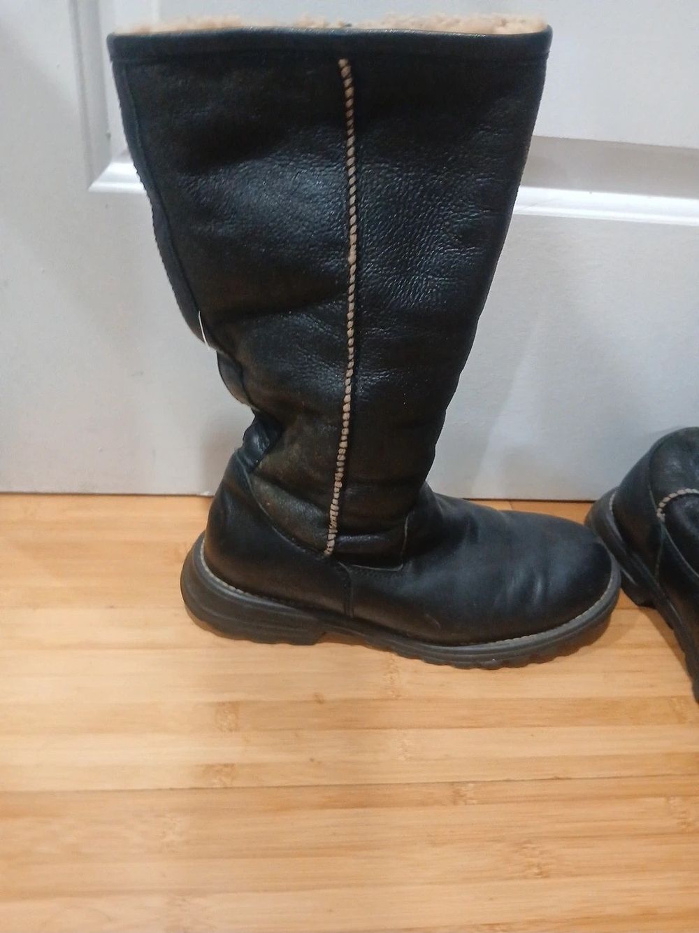 UGG Black Tall Leather Winter Boots with Shearling Trim